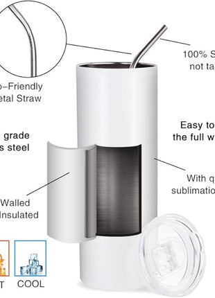 PYD Life Sublimation Blanks Skinny Tumbler White 20 OZ Straight Stainless Steel with Metal Straw for Mug Tumbler Heat Press Machine Sublimation Printing 4 Pack