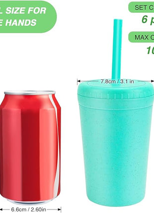 10 oz Wheat Straw Cups with Lids and Silicone Straws, Unbreakable Drinking Glasses, Plastic Cups for Kitchen, Small Tumbler Cups with Cleaning Brush, BPA Free, Dishwasher & Microwave Safe, 6 Pack