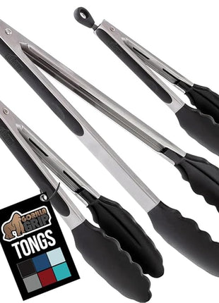GORILLA GRIP Stainless Steel Heat Resistant Kitchen Tongs for Cooking, 7 + 9 + 12 Inch Set of 3 BBQ Tong, Non Scratch Silicone Tip for Pans, Strong Grip, Grab Food, Toss Salad, Pull Lock, Black