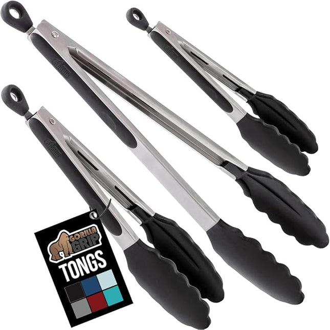 GORILLA GRIP Stainless Steel Heat Resistant Kitchen Tongs for Cooking, 7 + 9 + 12 Inch Set of 3 BBQ Tong, Non Scratch Silicone Tip for Pans, Strong Grip, Grab Food, Toss Salad, Pull Lock, Black
