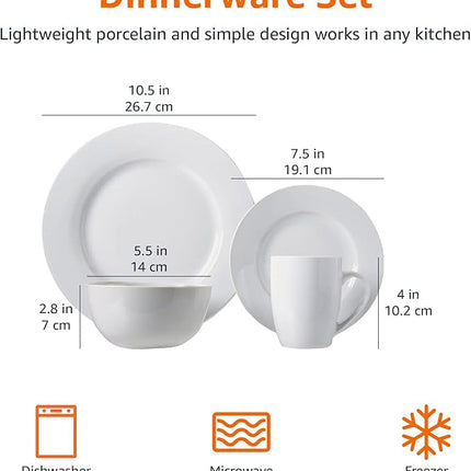 Amazon Basics 16-Piece Porcelain Kitchen Dinnerware Set with Plates, Bowls and Mugs, Service for 4 - White