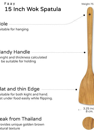FAAY 15 Inches Wok Spatula, Long Handle Stir fry Paddle, Turner, Handcrafted from High Moist Resistance Teak Wood for Non Stick Cookware