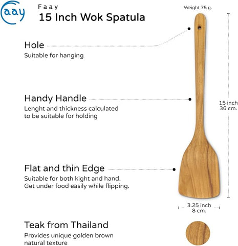 FAAY 15 Inches Wok Spatula, Long Handle Stir fry Paddle, Turner, Handcrafted from High Moist Resistance Teak Wood for Non Stick Cookware