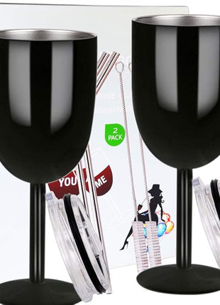 AMZUShome Stainless Steel Wine Glasses(2 Pack).Double Walled Vacuum Insulated Wine Tumbler Cups With Lid and Straw.Friendship,Christmas,Birthday Gifts for Women Men Friends Dad Mom(10oz Black)