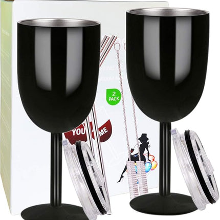 AMZUShome Stainless Steel Wine Glasses(2 Pack).Double Walled Vacuum Insulated Wine Tumbler Cups With Lid and Straw.Friendship,Christmas,Birthday Gifts for Women Men Friends Dad Mom(10oz Black)