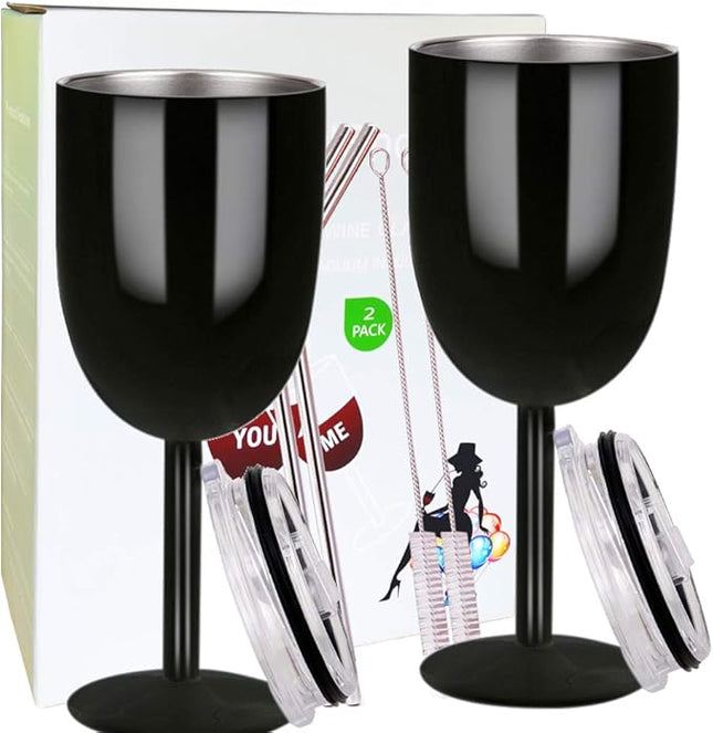 AMZUShome Stainless Steel Wine Glasses(2 Pack).Double Walled Vacuum Insulated Wine Tumbler Cups With Lid and Straw.Friendship,Christmas,Birthday Gifts for Women Men Friends Dad Mom(10oz Black)