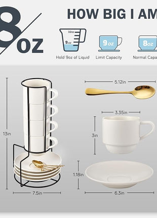 Lareina 8 Ounce Porcelain Cappuccino Cups Set of 4, Stackable Coffee Cups with Saucers, Spoons and Metal Stand -for Specialty Coffee Drinks, Cappuccino, Latte, Americano and Tea, White