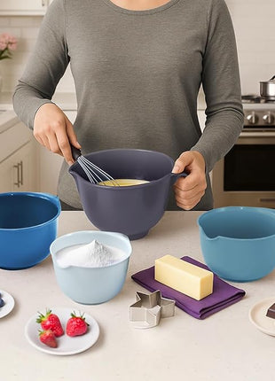Glad Mixing Bowls with Pour Spout, Set of 4 - Nesting Plastic Bowls (1.2qt, 1.9qt, 2.8qt, and 3qt with Handle) - Non Slip Base, Dishwasher Safe Kitchen Cooking and Baking Supplies, Blue