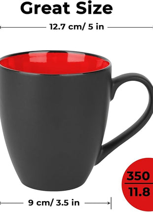 MIAMIO - Set of 6 Stoneware Coffee Mugs 12 Ounce/Cup Set - Le Papillon Collection (Black-Red)