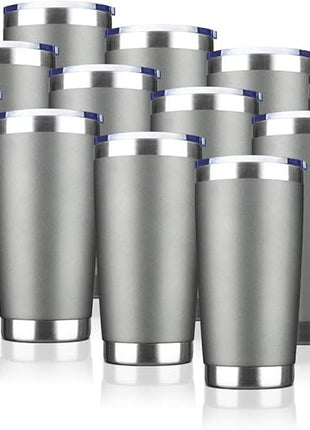 20oz Tumbler Bulk Stainless Steel Vacuum Insulated Tumblers with Lid Double Wall Travel Mug Durable Powder Coated Coffee Cup, Suitable for Ice Drinks and Hot Beverage (Gray 12pack)