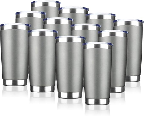 20oz Tumbler Bulk Stainless Steel Vacuum Insulated Tumblers with Lid Double Wall Travel Mug Durable Powder Coated Coffee Cup, Suitable for Ice Drinks and Hot Beverage (Gray 12pack)
