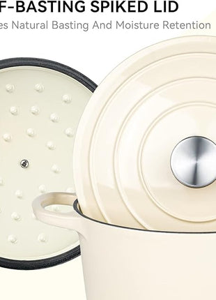 Miereirl 6 Quart Enameled Dutch Oven Pot with Lid, Cast Iron Dutch Oven with Dual Handles for Bread Baking, Cooking, Non-stick Enamel Coated Cookware (Beige)