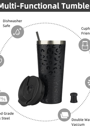 BJPKPK 22oz Insulated Tumbler With lid And Straw Stainless Steel Tumblers Travel Coffee Mug Reusable Thermal Cup,Black Leopard