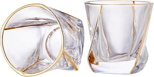 GLASKEY Crystal Whiskey Glasses Set of 2 with 24K Gold Rim,Bar Glasses,Twisted Whiskey Glass Gold Collection for Bourbon,Scotch and Wine,Rock Barware for Men Gift - 8oz