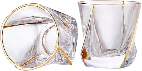 GLASKEY Crystal Whiskey Glasses Set of 2 with 24K Gold Rim,Bar Glasses,Twisted Whiskey Glass Gold Collection for Bourbon,Scotch and Wine,Rock Barware for Men Gift - 8oz