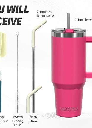 40 oz Tumbler with Handle,Tumbler with Lid and Straw,Double Wall Insulated Cup Stainless Steel Travel Mug(Cold for 34 Hours),Water Bottle for Iced Tea,Coffee,Cold Beverages(Gloss Pink)