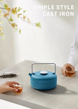 Toptier Teapot with Removable Infuser, Cast Iron Tea Kettle Stovetop Safe, Solid Geometry Cylinder Design Tea Pot Coated with Enameled Interior for 27 Ounce (800 ml), Blue