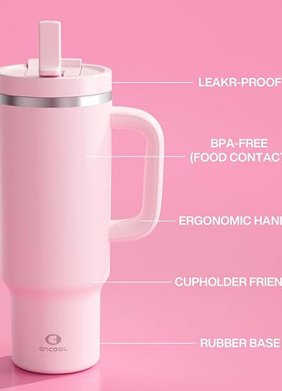 40 oz Tumbler with Handle and Straw: Stainless Steel Insulated Tumbler Keeps Cold for 24 Hours, Leakproof Travel Cup Fits in Cup Holder and BPA-Free, Cotton Candy