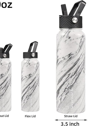 BJPKPK Insulated Water Bottles with Straw Lid, 40oz Stainless Steel Water Bottles with 3 Lids, BPA Free Leakproof Thermo, Tumblers, Cups for Sports, Gym- Marble Frozen