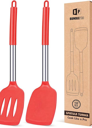 Pack of 2 Silicone Solid Turner, Non Stick Slotted Kitchen Spatulas, High Heat Resistant BPA Free Cooking Utensils, Ideal Cookware for Fish, Eggs, Pancakes(Red)