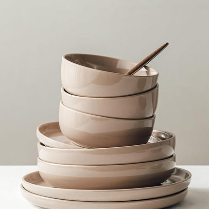 Famiware Milkyway Stoneware Dinnerware Sets with Mugs, Service for 4 (16pcs), Plates and Bowls Sets, Scratch Resistant, Microwave and Dishwasher Safe Dishes Set, Cinnamon Brown