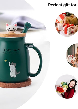 Cute Cat Cup Ceramic Coffee Mug with Kawaii Cat Wooden Lid, Lovely Stainless Steel Spoon, Anime Kitty Thicken Wooden Coaster, Christmas Birthday Cute Thing Japanese Mug 16oz (Green)