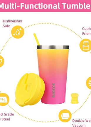 BJPKPK 18oz Stainless Steel Insulated Tumbler With lid And Straw Travel Coffee Thermal Tumblers Cup For Women And Men,Pink Yellow Rose