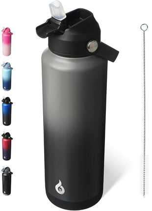 BJPKPK Insulated Water Bottle with Straw Lid, 40oz Large Thermo, BPA Free Leak Proof Stainless Steel Metal Water Bottles, Tumblers, Cups, Flasks for Travel, Sports,Black Grey