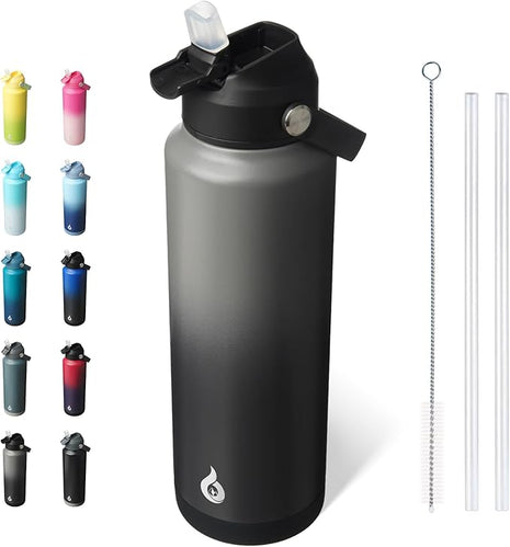 BJPKPK Insulated Water Bottle with Straw Lid, 40oz Large Thermo, BPA Free Leak Proof Stainless Steel Metal Water Bottles, Tumblers, Cups, Flasks for Travel, Sports,Black Grey
