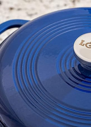 Lodge 7.5 Quart Enameled Cast Iron Dutch Oven with Lid – Dual Handles – Oven Safe up to 500° F or on Stovetop - Use to Marinate, Cook, Bake, Refrigerate and Serve – Indigo