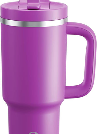 32 oz Tumbler with Handle and Straw: Stainless Steel Insulated Tumbler Keeps Cold for 24 Hours, Leakproof Travel Cup Fits in Cup Holder and BPA-Free,Bright Magenta