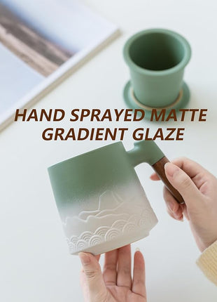 ZENS Tea Mug with Infuser and Lid for Loose Leaf Steeper, 16.9 oz Embossed Ceramic Tea Cup with Fine Tea Strainers, Wood Handle Large Tea Diffusers Mugs for Tea Lovers Gifts