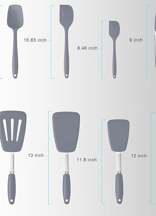 Silicone Spatulas Set Turners Tongs Cooking Utensils Set High Heat Resistant Kitchen Scraper Spatulas for Cooking Mixing Baking BPA Free Dishwasher Safe, Grey