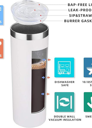 HASLE OUTFITTERS 20 oz Skinny Tumblers Bulk Set, Stainless Steel Insulated Slim Tumblers with Lids, Reusable Double Wall Travel Coffee Mugs, Durable Powder Coated Travel Water Cups(White, 12)