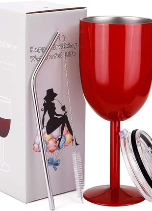AMZUShome Stainless Steel Wine Glasses Cups.Double Walled Vacuum Insulated Wine Tumbler With Lid and Straw.Friendship,Christmas,Birthday Gifts for Women Men Friends Dad Mom(10oz Red)