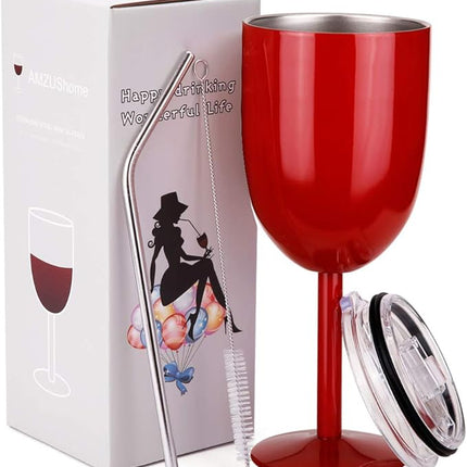 AMZUShome Stainless Steel Wine Glasses Cups.Double Walled Vacuum Insulated Wine Tumbler With Lid and Straw.Friendship,Christmas,Birthday Gifts for Women Men Friends Dad Mom(10oz Red)