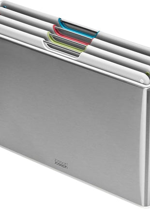 Joseph Joseph Folio 4-Piece Color-Coded Chopping Board Set, Stainless Steel Slimline Case for Organized Kitchen Storage, Light Stone