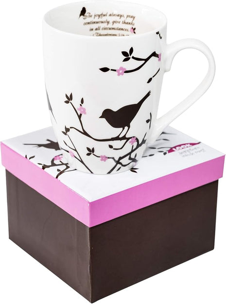 Divinity Boutique Inspirational Ceramic, Brown Birds on White Mug, 1 Theses. 5:16-17, The Joyful Always Pray, Multicolor, One Size,12 fluid ounce