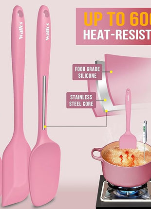 Walfos Silicone Spatula Set of 5 - (600°F) High Heat Resistant Kitchen Scraper Spatulas, One-Pieces Seamless Design, Perfect for Cooking Mixing & Baking - BPA Free and Dishwasher Safe（Pink）