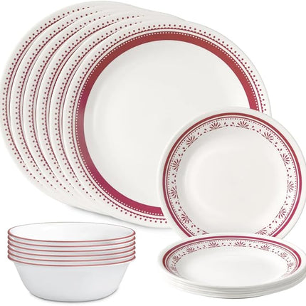 Corelle Everyday 18-PC Dinnerware Set Service for 6, Durable and Eco-Friendly, Higher Rim Glass Plate & Bowl Set, Microwave and Dishwasher Safe, Sadie