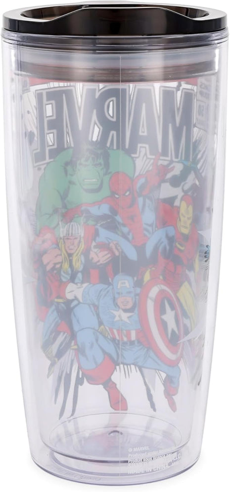 Silver Buffalo Marvel Avengers Featuring Spider-Man, Captain America, Thor, Hulk, and Iron Man Double Wall Travel Tumbler with Slide Close Lid, 20 Ounces