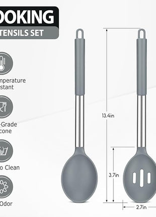 Pack of 2 Large Silicone Cooking Spoons, Non-Stick Stainless Steel Slotted and Solid Spoon Set for Serving, Mixing, Draining, Heat Resistant, Scratch Resistant and BPA Free Kitchen Scoops (Grey)