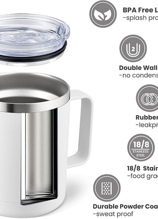 MEWAY 12oz Coffee Mug With Handle 4 Pack Bulk,Stainless Steel Insulated Travel Tumblers With Sliding Lid,Double Wall Vacuum Camping Cup for Hot & Cold Drinks Tea (White,Set of 4)