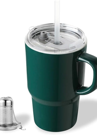Sweejar Ceramic Travel Mug with Lid, 16 oz Portable Coffee Mug, Dishwasher Safe Tea Cup with Infuser, Reusable Teacup for Car Cup Holder, Tea Lovers(Jade)