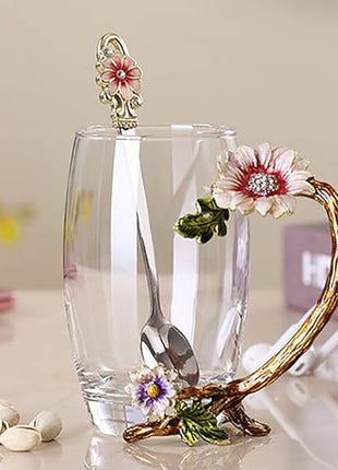 Handicraft Crystal Glass 3D Flower Cups Tea Mug With Tea Spoon Women Coffee, Tea, Juice, Beer, Milk Hot And Cold Drinks Use Gift Package. (Chrysanthemum, 12 OZ)