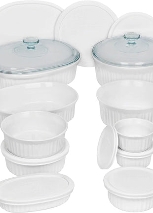 CorningWare French White 20-Pc Ceramic Bakeware Set with Lids Chip and Crack Resistant Stoneware Baking Supplies, Microwave, Dishwasher, Oven, Freezer and Fridge Safe
