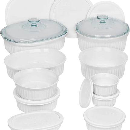 CorningWare French White 20-Pc Ceramic Bakeware Set with Lids Chip and Crack Resistant Stoneware Baking Supplies, Microwave, Dishwasher, Oven, Freezer and Fridge Safe