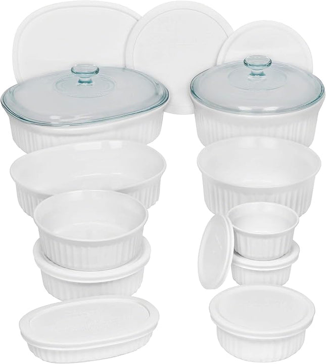 CorningWare French White 20-Pc Ceramic Bakeware Set with Lids Chip and Crack Resistant Stoneware Baking Supplies, Microwave, Dishwasher, Oven, Freezer and Fridge Safe