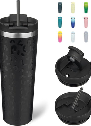 BJPKPK 30oz Insulated Tumbler With lid And Straw Stainless Steel Tumblers Travel Coffee Mug Reusable Thermal Cup,Black Leopard