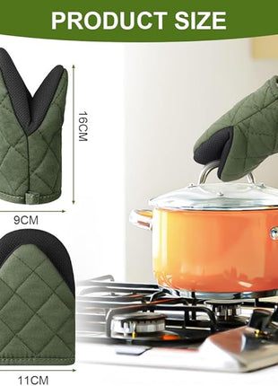 AUAUY Mini Oven Mitts, 2 Count Green Small Oven Mitt 220℃/428°F Heat Resistant with Non-Slip Surface and Hanging Loop Mits, Kitchen Mittens Oven Mitts, Kitchen Gloves for Oven, Baking and Grilling
